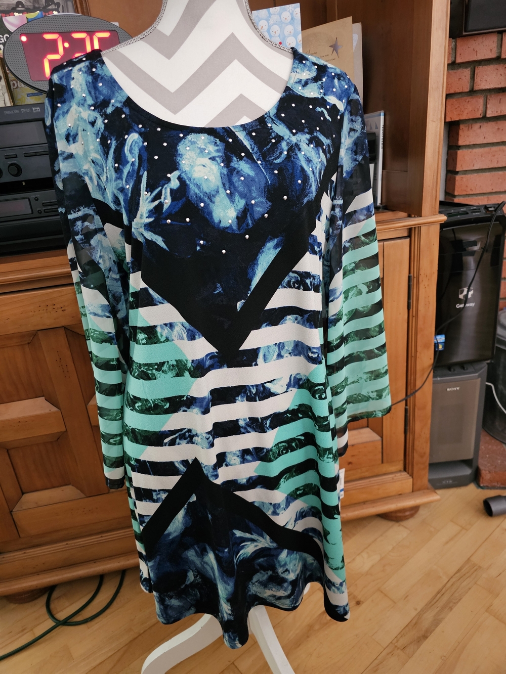 NWT Style & Co. Blue, Green, Black & White Abstract Striped Tunic